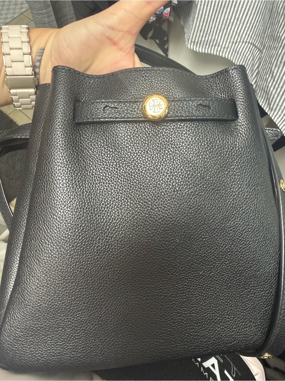 Like NEW - Tory Burch Black Pebbled Leather Drawstring Satchel with Gold-Tone - Picture 13 of 13
